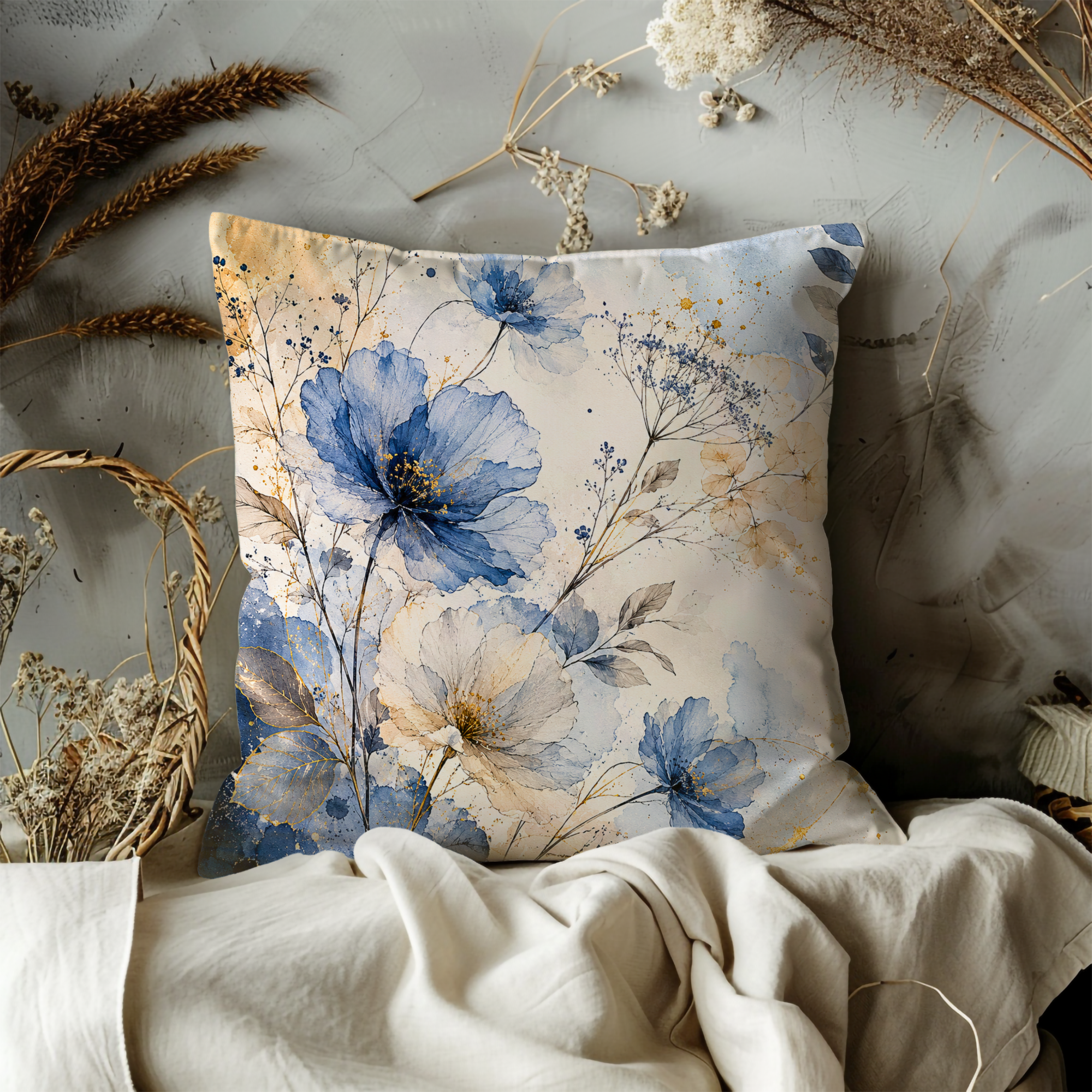 Blue Gold Floral Pillow Cover | Elegant Botanical Art | Gold Crackle Decor
