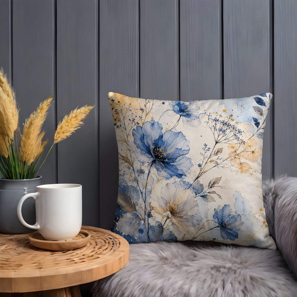 Blue Gold Floral Pillow Cover | Elegant Botanical Art | Gold Crackle Decor