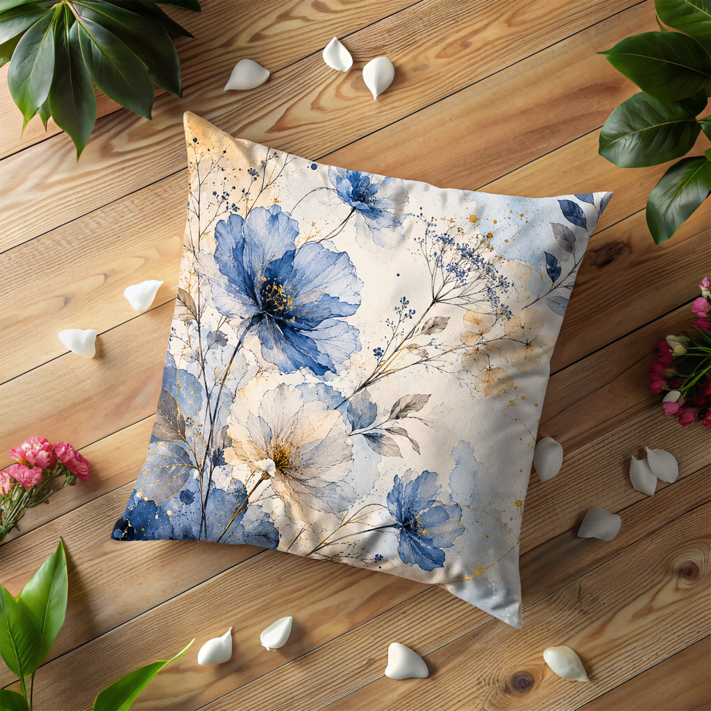 Blue Gold Floral Pillow Cover | Elegant Botanical Art | Gold Crackle Decor