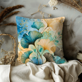 Ginkgo Leaves Pillow Cover | Blue Gold Botanical Art | Gold Crackle Decor