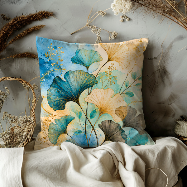 Ginkgo Leaves Pillow Cover – Blue Gold Botanical Art | Gold Crackle Decor