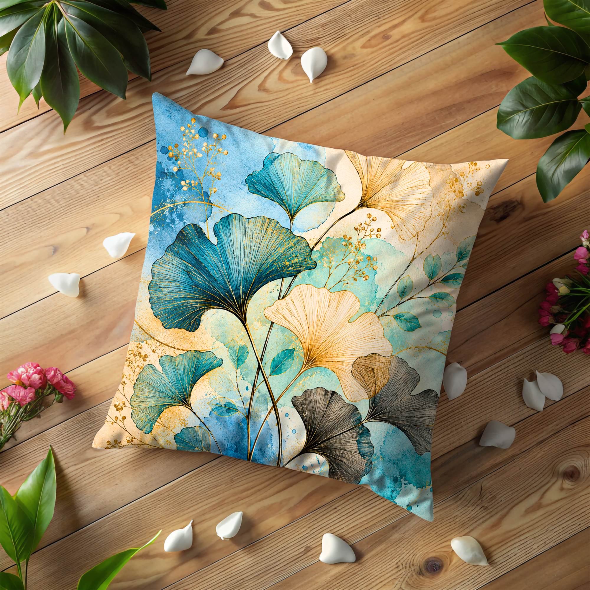 Ginkgo Leaves Pillow Cover | Blue Gold Botanical Art | Gold Crackle Decor