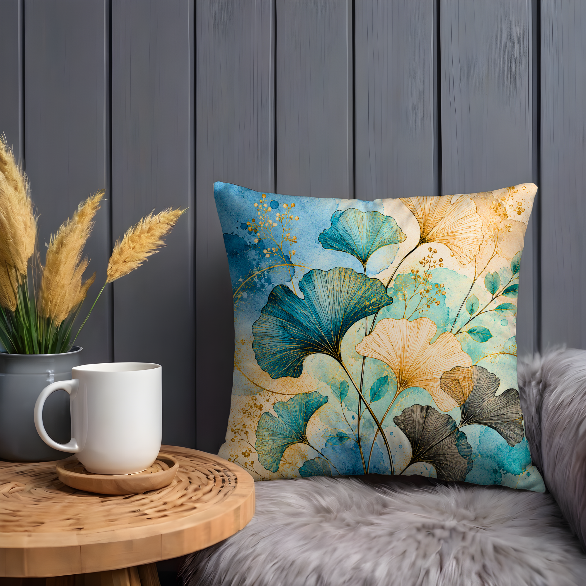Ginkgo Leaves Pillow Cover | Blue Gold Botanical Art | Gold Crackle Decor
