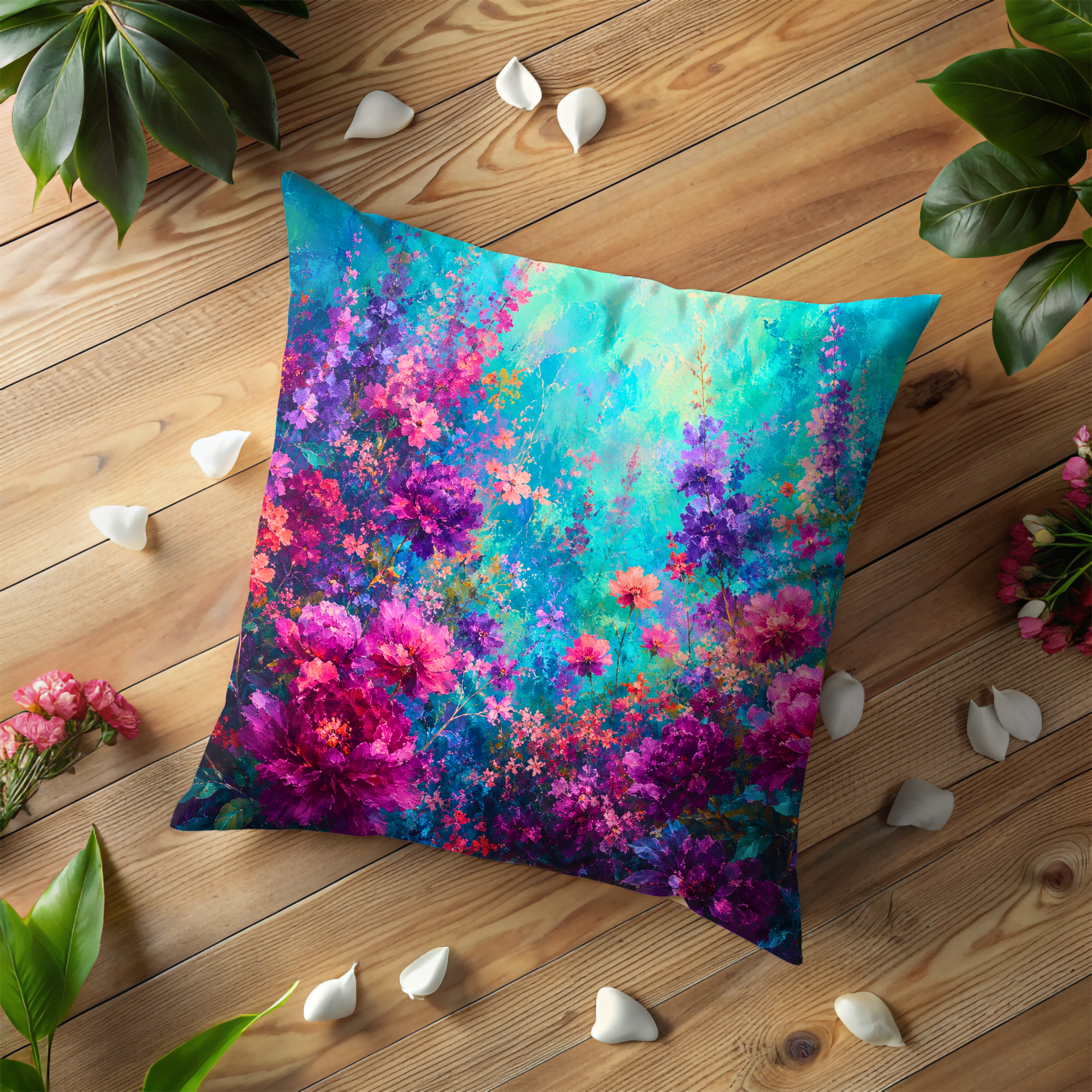 Vibrant Wildflower Meadow Pillow Cover | Colorful Floral Art | Gold Crackle Decor