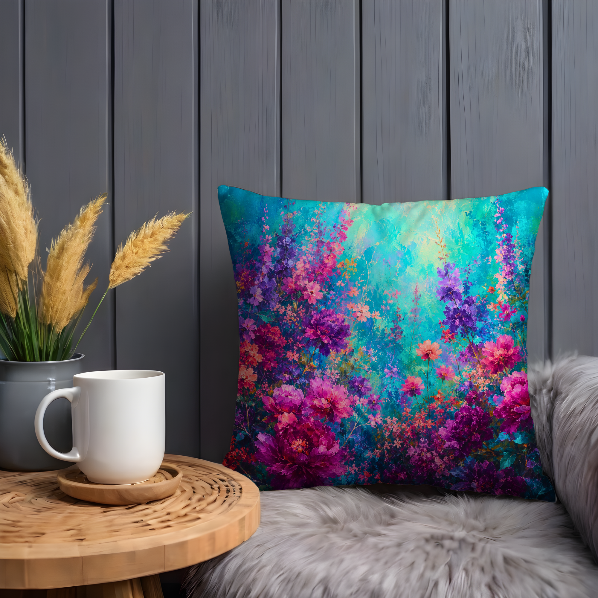 Vibrant Wildflower Meadow Pillow Cover | Colorful Floral Art | Gold Crackle Decor