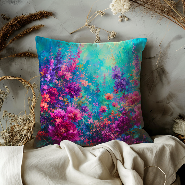 Vibrant Wildflower Meadow Pillow Cover – Colorful Floral Art | Gold Crackle Decor