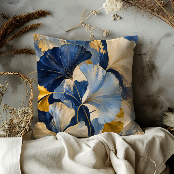 Ginkgo Leaves Pillow Cover – Blue Gold Botanical Art | Gold Crackle Decor