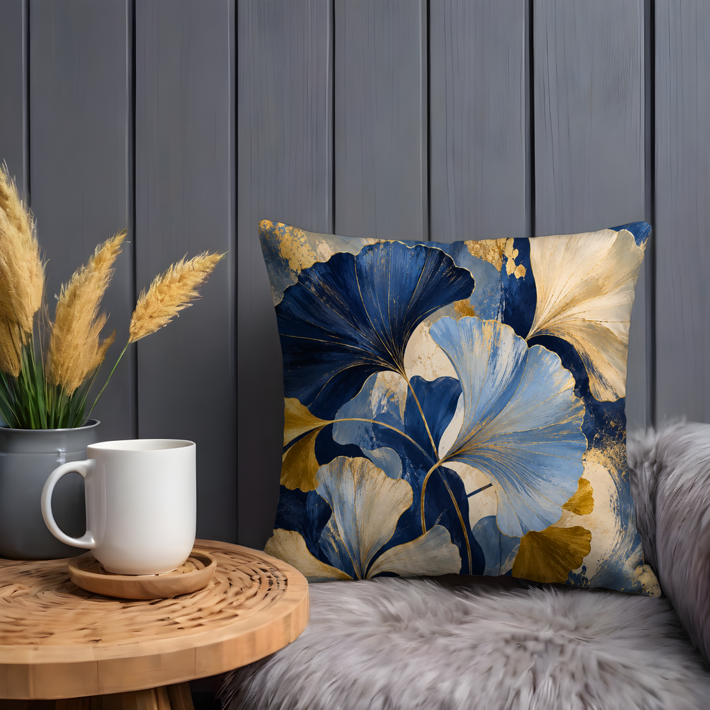 Ginkgo Leaves Pillow Cover | Blue Gold Botanical Art | Gold Crackle Decor