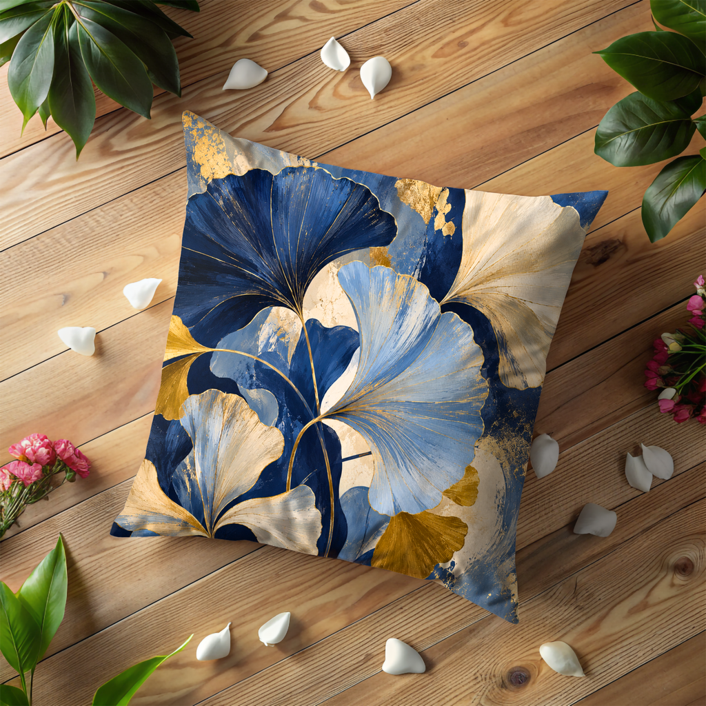 Ginkgo Leaves Pillow Cover | Blue Gold Botanical Art | Gold Crackle Decor