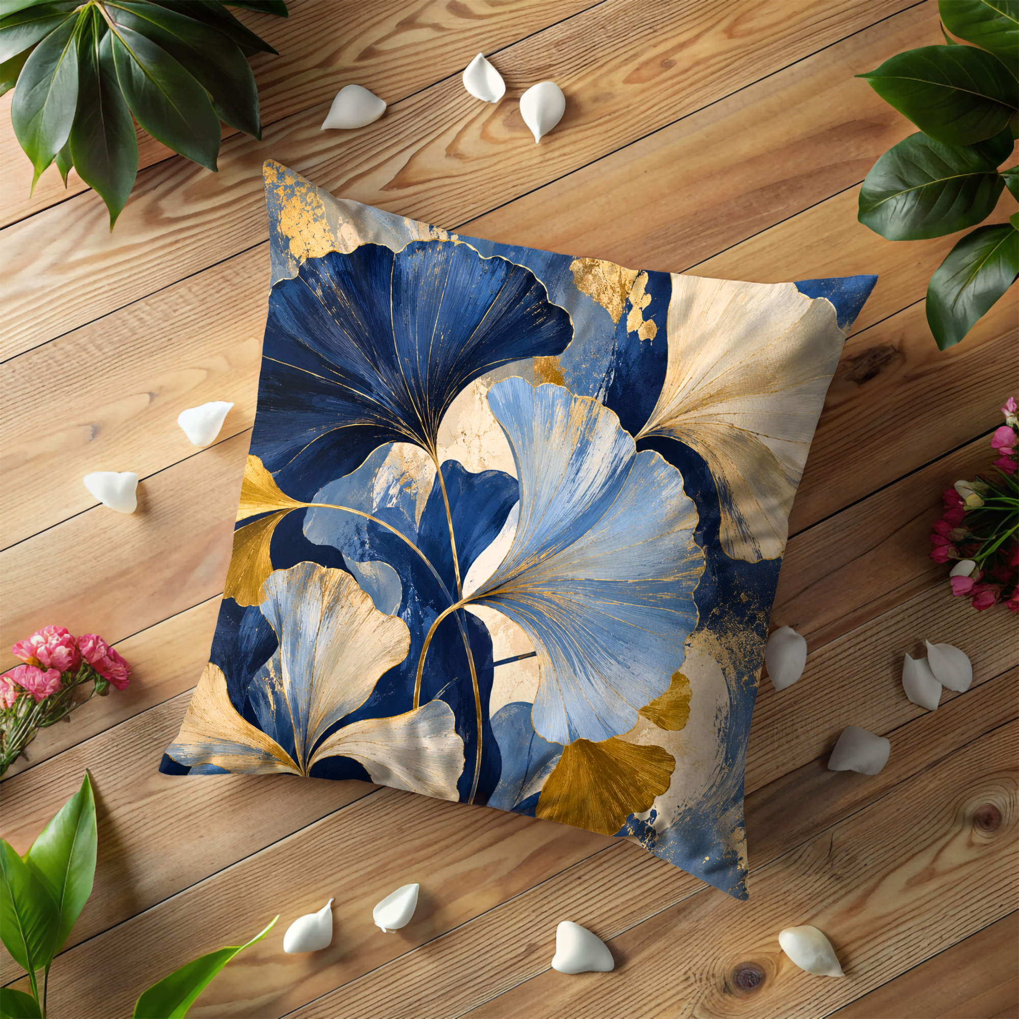 Ginkgo Leaves Pillow Cover | Blue Gold Botanical Art | Gold Crackle Decor