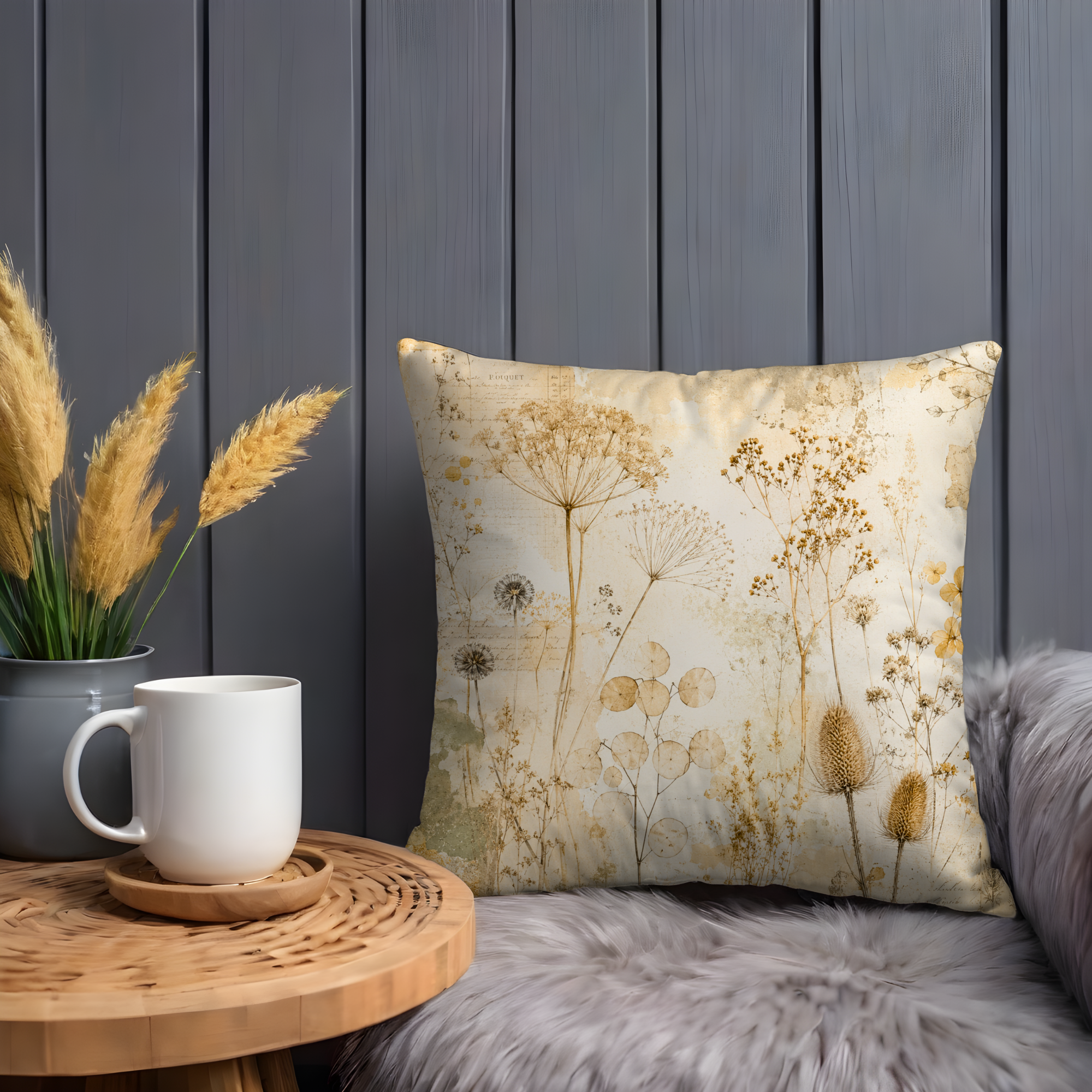 Vintage Dried Flowers Pillow Cover | Botanical Herbarium Art | Gold Crackle Decor