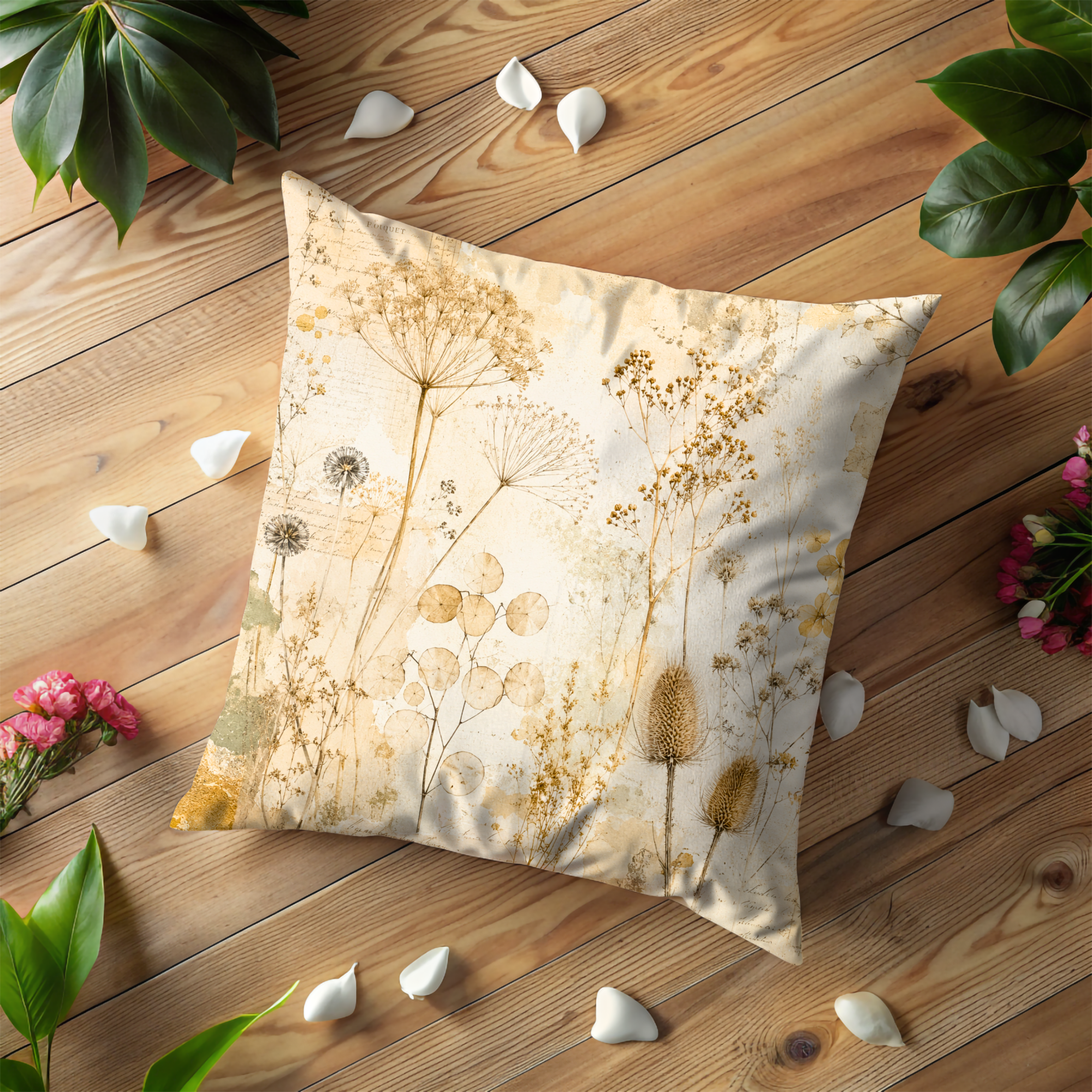 Vintage Dried Flowers Pillow Cover | Botanical Herbarium Art | Gold Crackle Decor