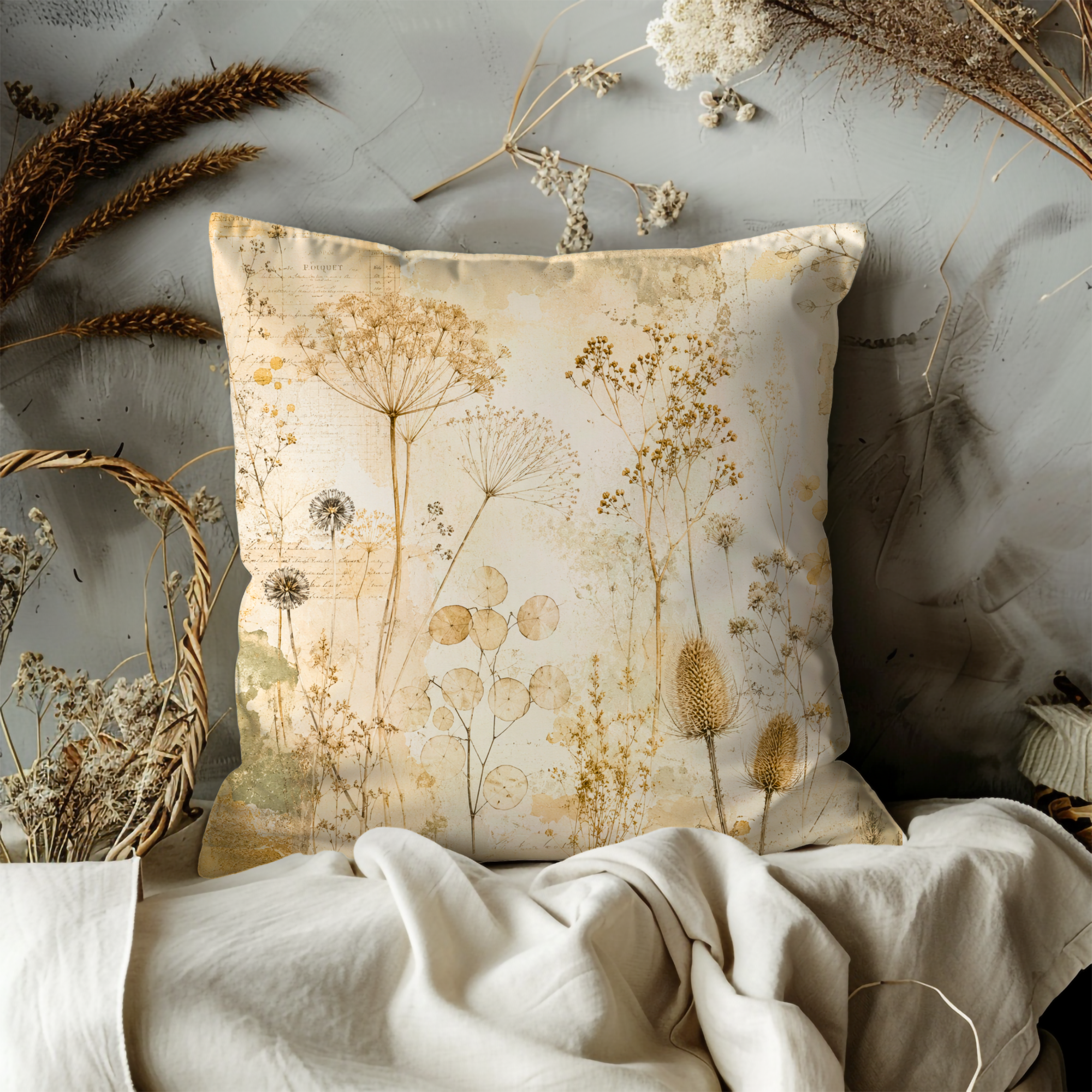 Vintage Dried Flowers Pillow Cover | Botanical Herbarium Art | Gold Crackle Decor