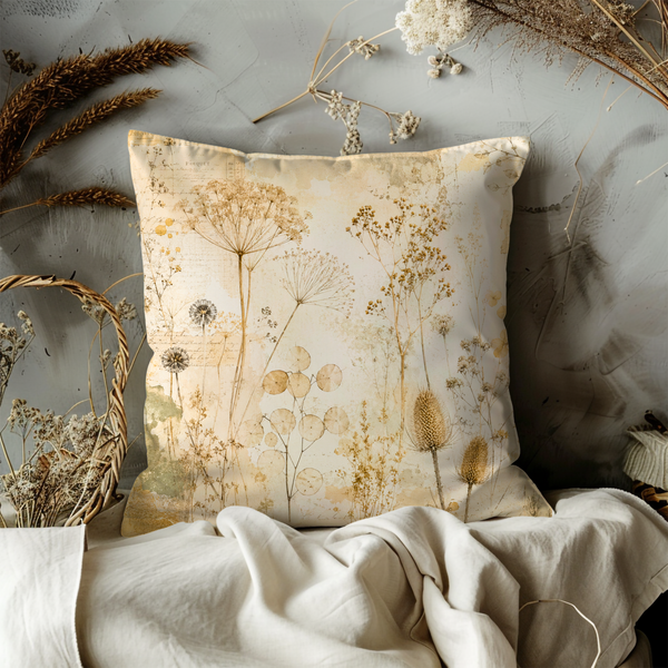 Vintage Dried Flowers Pillow Cover – Botanical Herbarium Art | Gold Crackle Decor