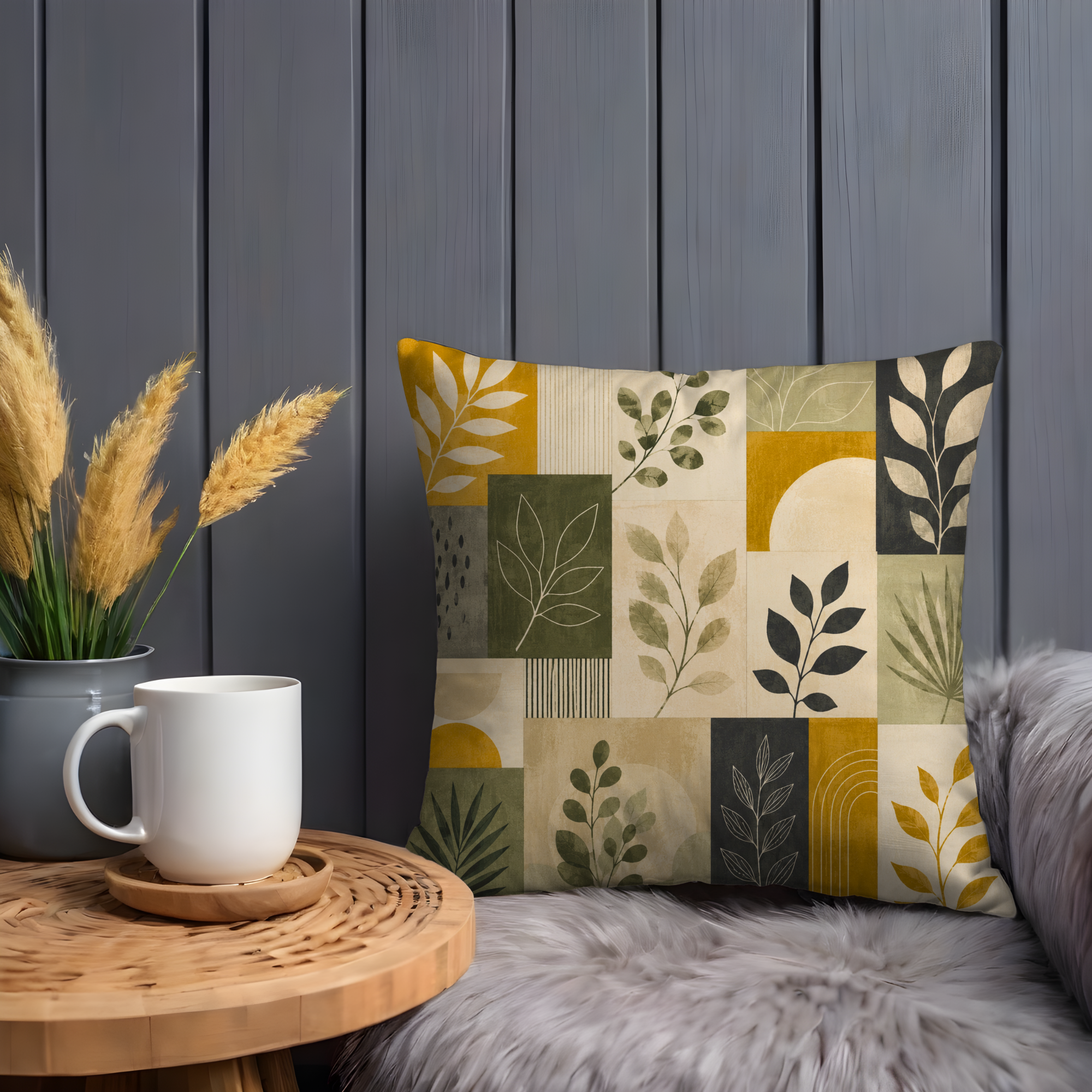 Patchwork Leaf Pillow Cover | Modern Botanical Art | Gold Crackle Decor