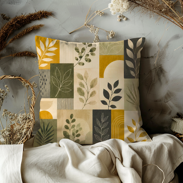 Patchwork Leaf Pillow Cover – Modern Botanical Art | Gold Crackle Decor