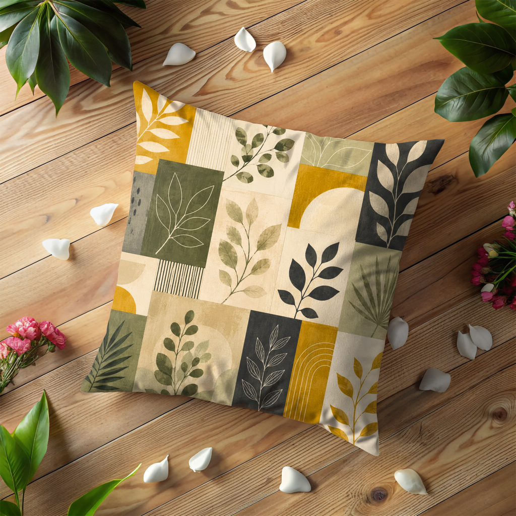 Patchwork Leaf Pillow Cover | Modern Botanical Art | Gold Crackle Decor