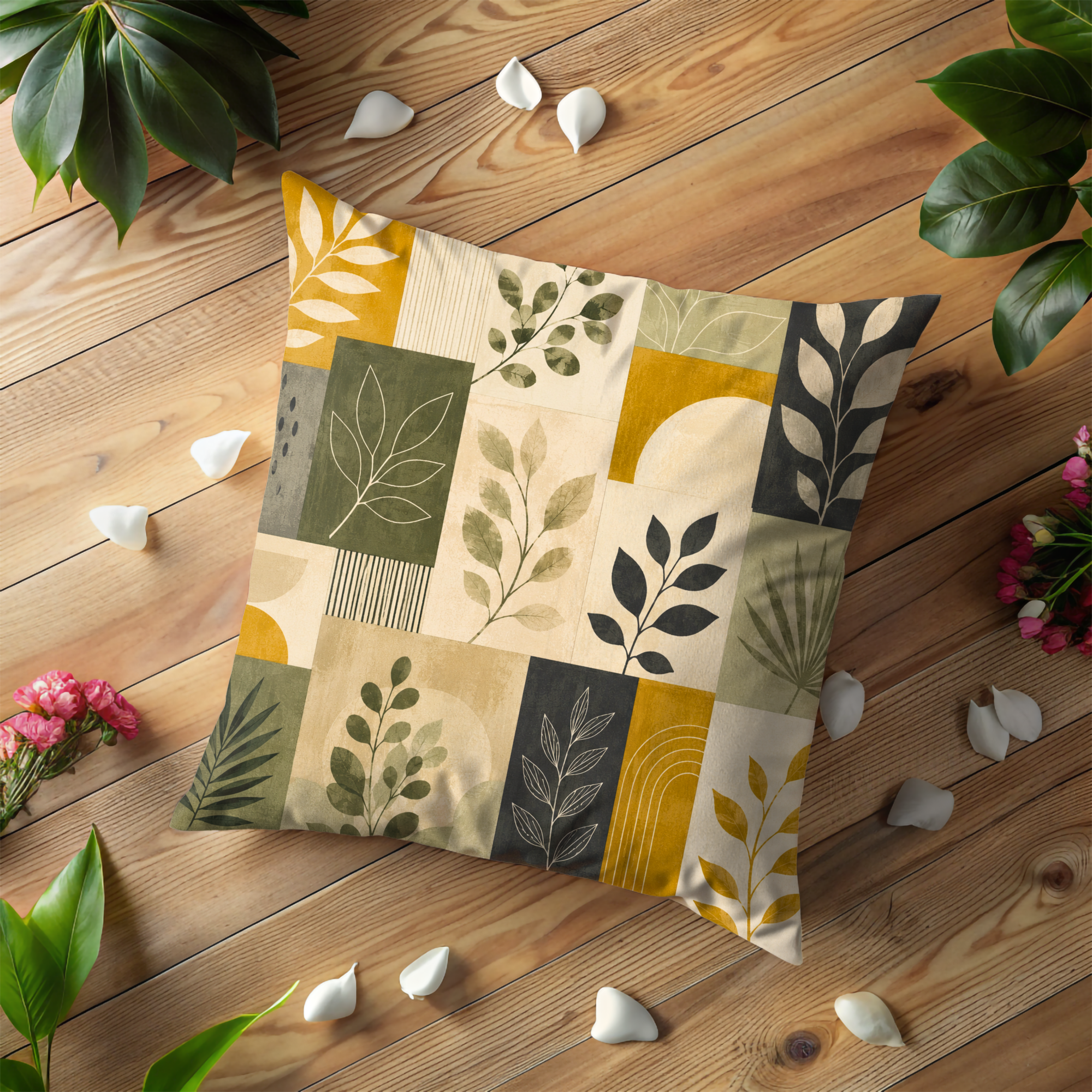 Patchwork Leaf Pillow Cover | Modern Botanical Art | Gold Crackle Decor