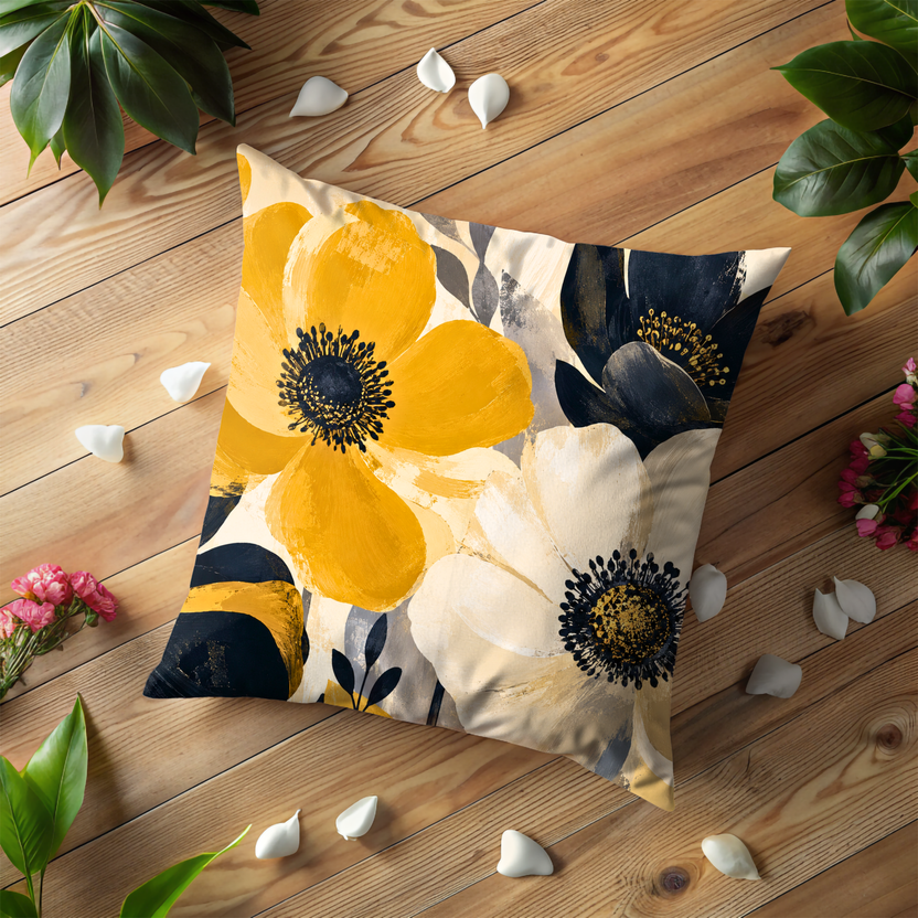 Yellow Blue Floral Pillow Cover – Modern Botanical Art | Gold Crackle Decor