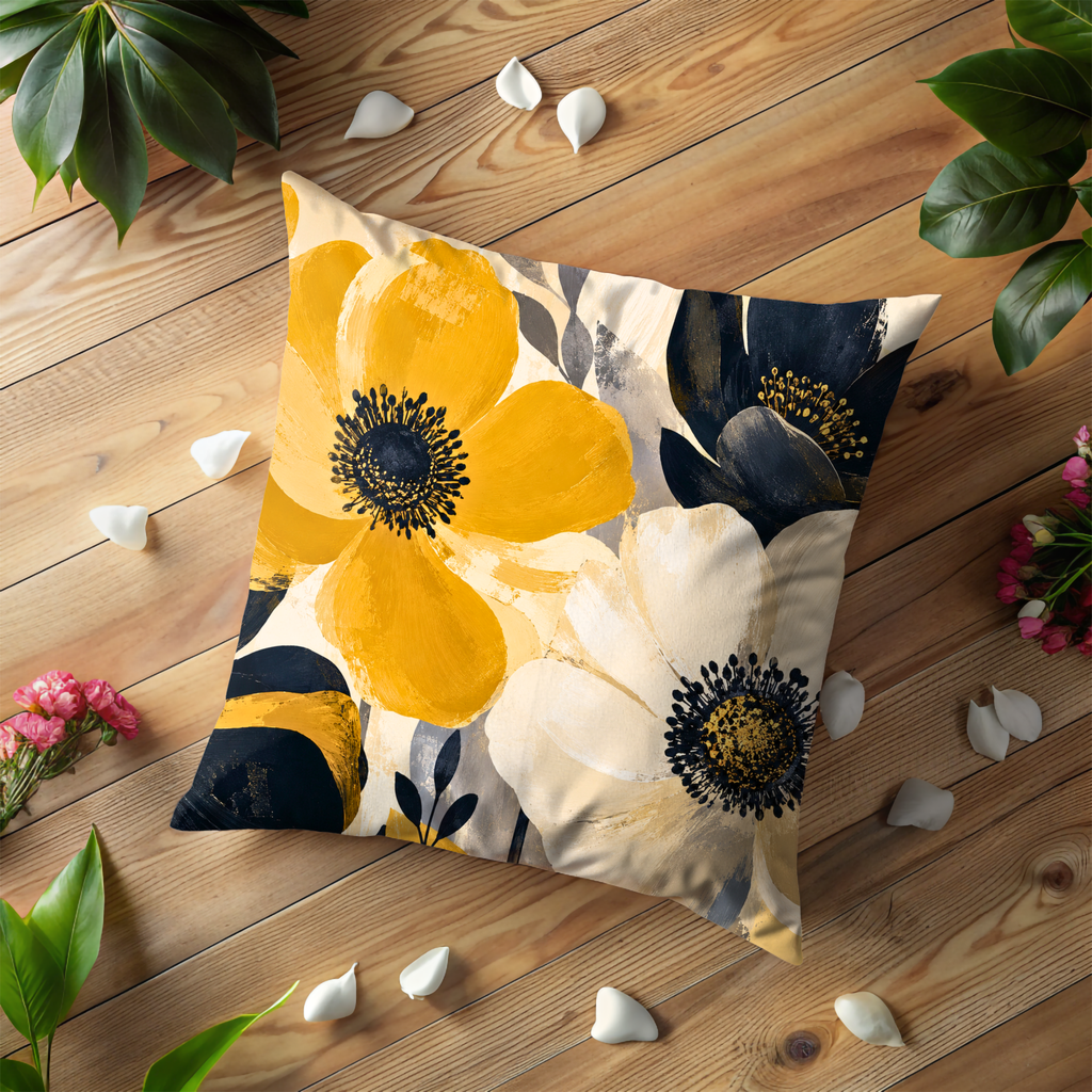Yellow Blue Floral Pillow Cover | Modern Botanical Art | Gold Crackle Decor