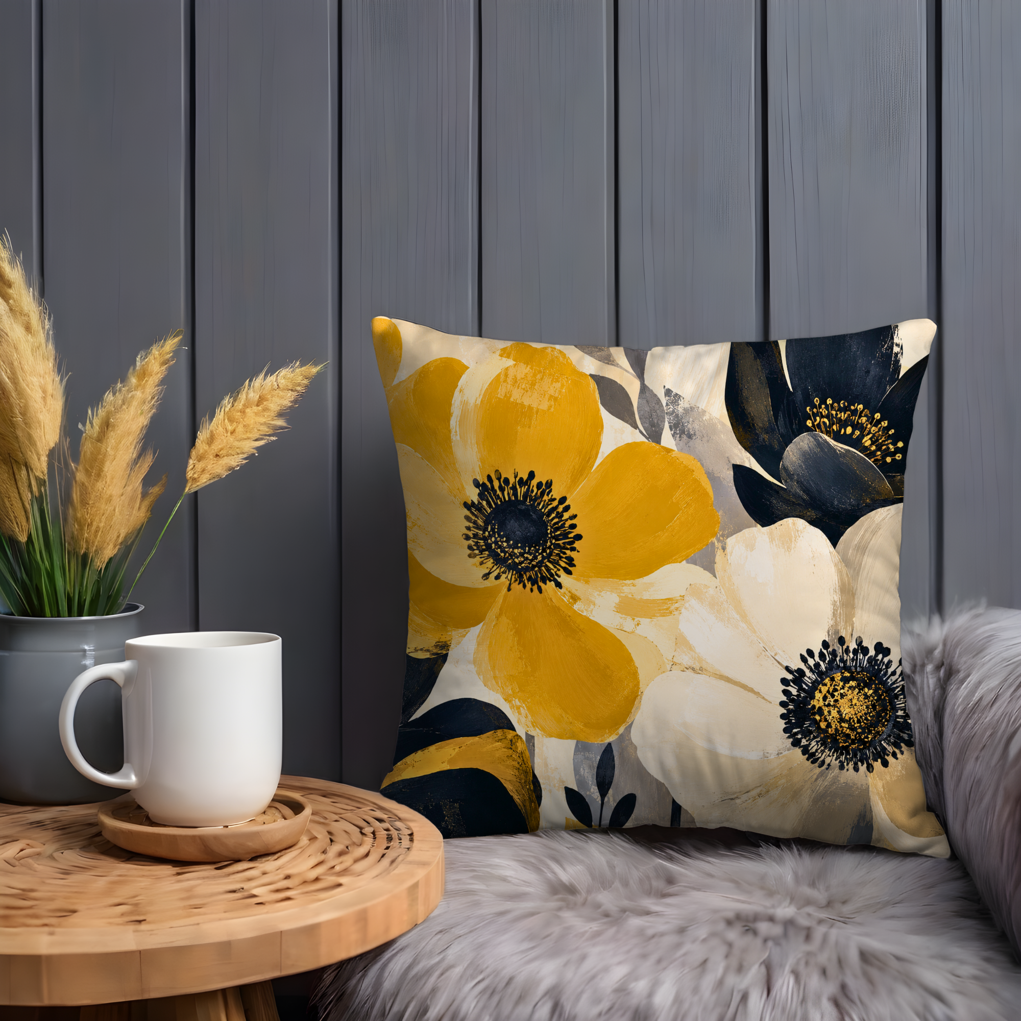 Yellow Blue Floral Pillow Cover | Modern Botanical Art | Gold Crackle Decor
