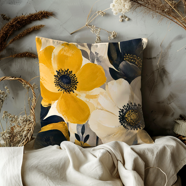Yellow Blue Floral Pillow Cover – Modern Botanical Art | Gold Crackle Decor