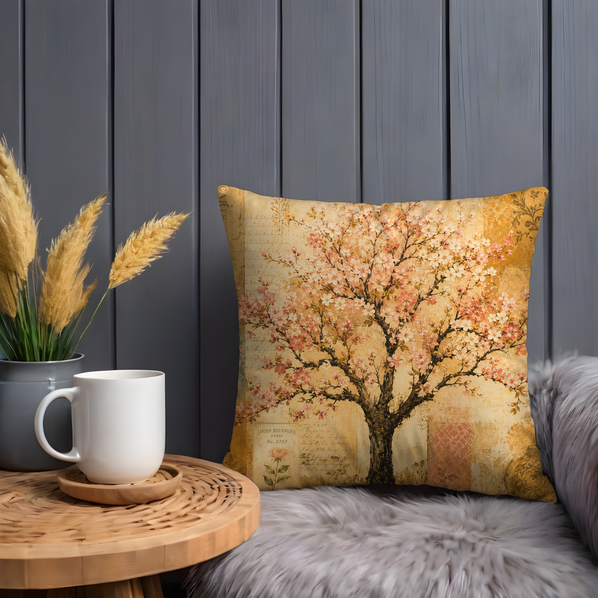 Cherry Blossom Tree Pillow Cover | Vintage Botanical Art | Gold Crackle Decor