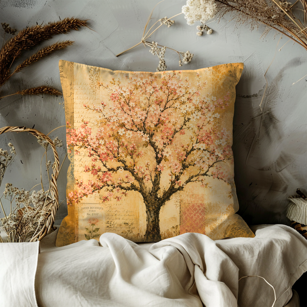 Cherry Blossom Tree Pillow Cover – Vintage Botanical Art | Gold Crackle Decor
