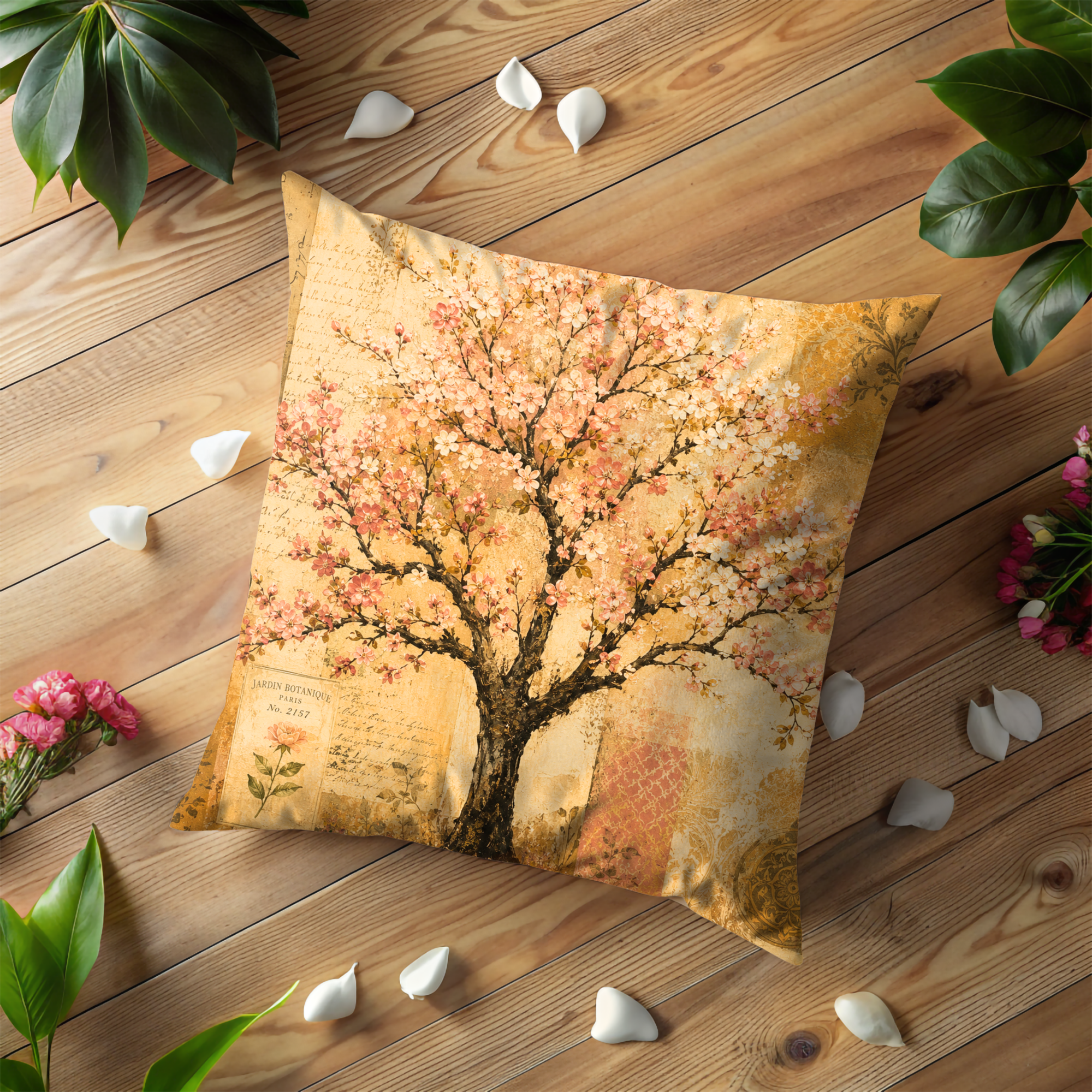 Cherry Blossom Tree Pillow Cover | Vintage Botanical Art | Gold Crackle Decor