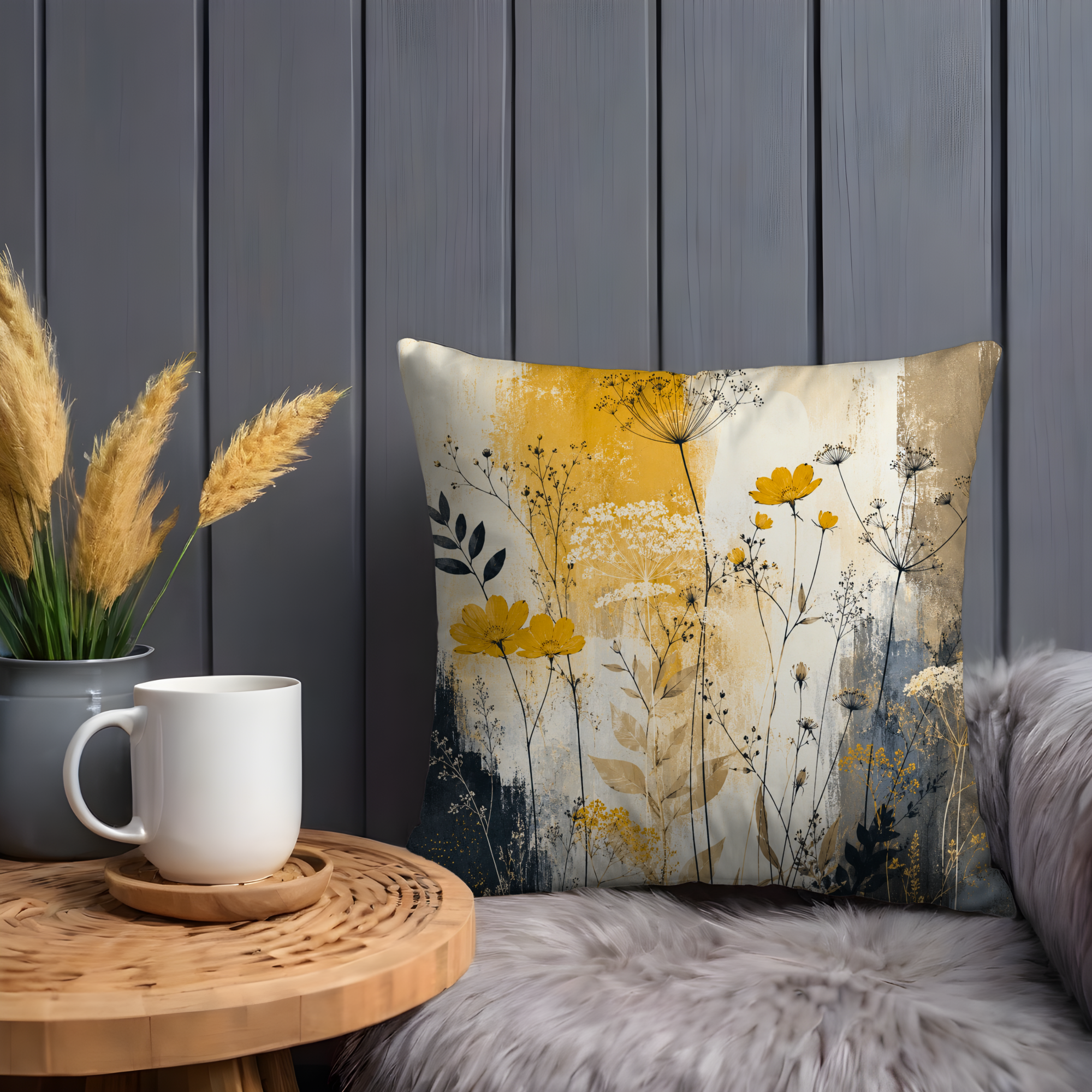 Yellow Wildflower Pillow Cover | Modern Botanical Art | Gold Crackle Decor