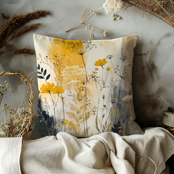Yellow Wildflower Pillow Cover – Modern Botanical Art | Gold Crackle Decor