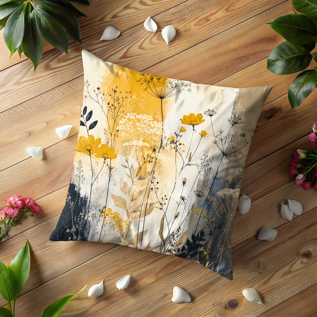 Yellow Wildflower Pillow Cover | Modern Botanical Art | Gold Crackle Decor