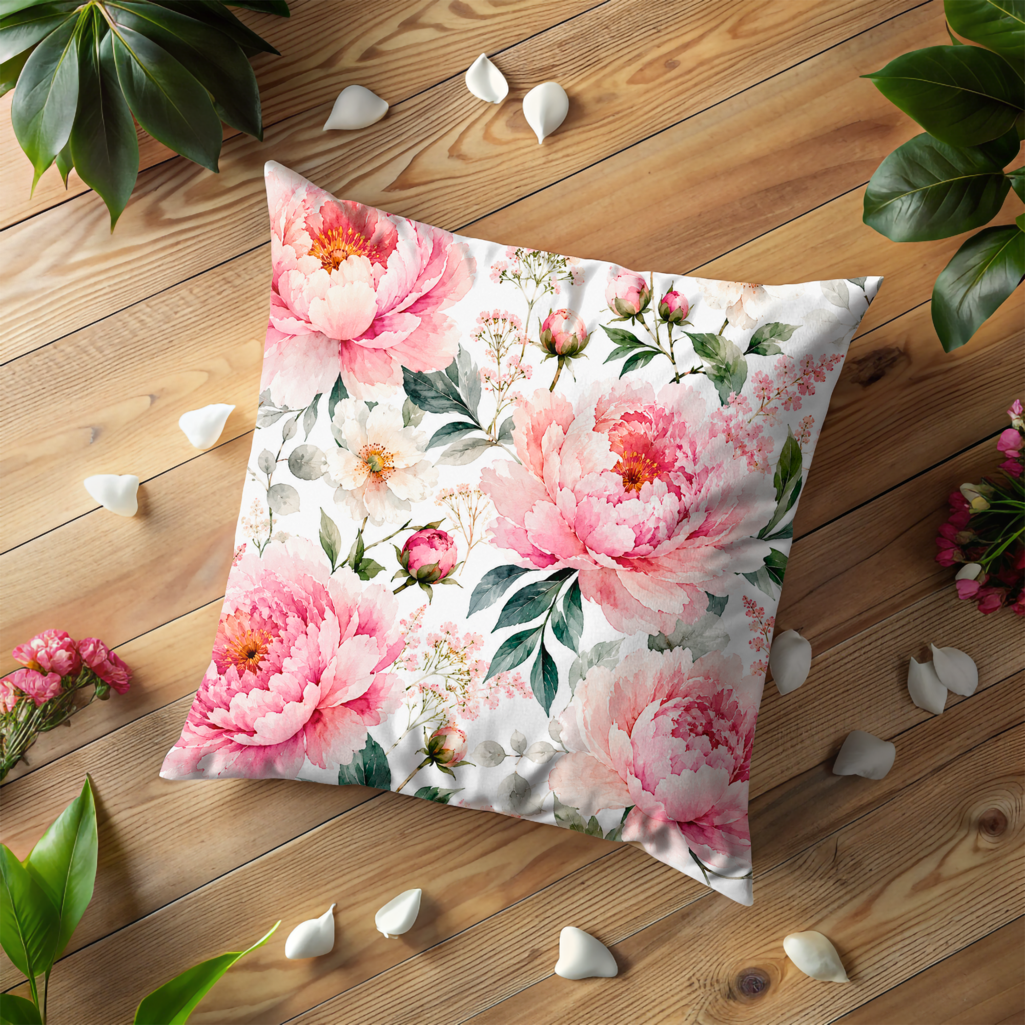 Pink Peony Pillow Cover | Watercolor Floral Art | Gold Crackle Decor