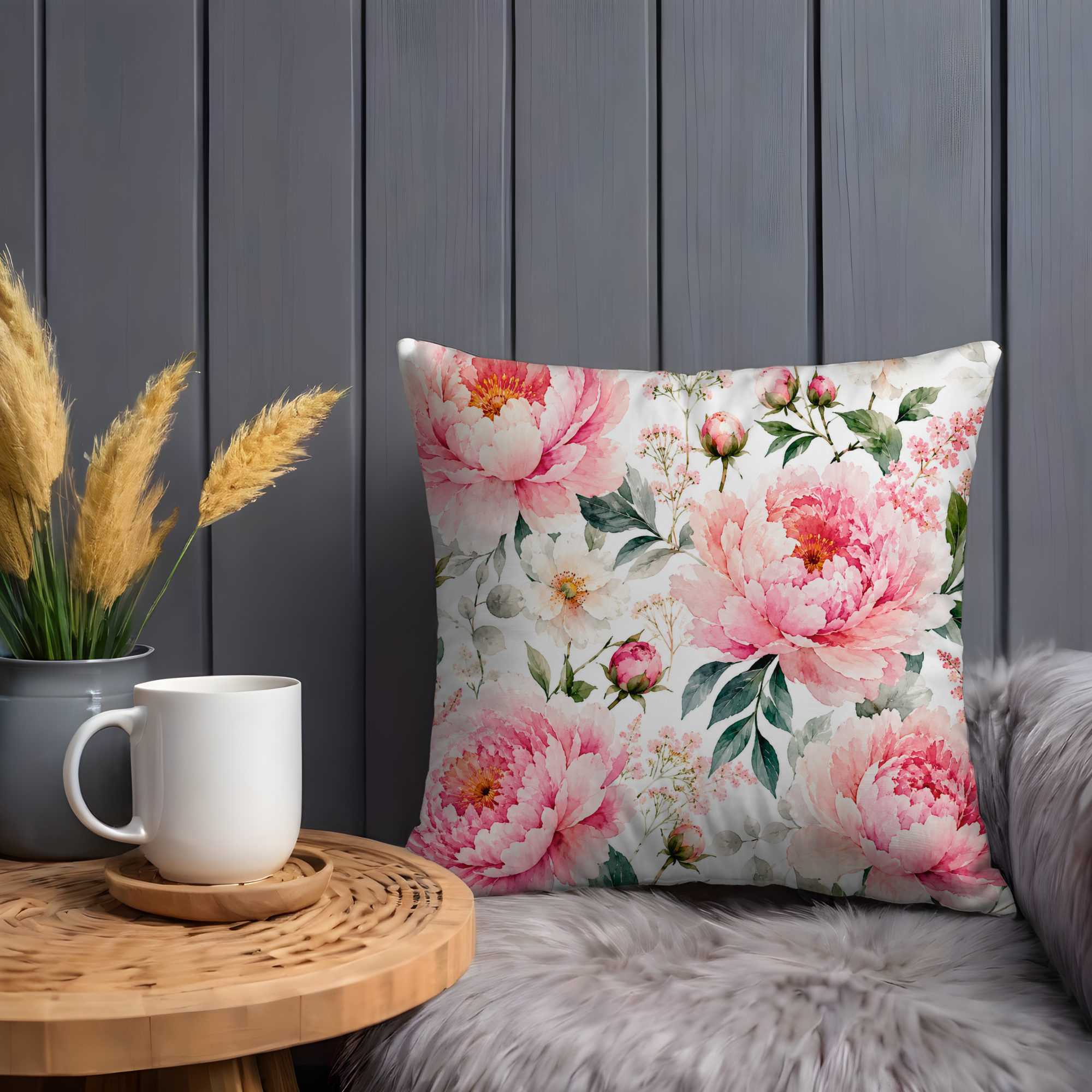 Pink Peony Pillow Cover | Watercolor Floral Art | Gold Crackle Decor