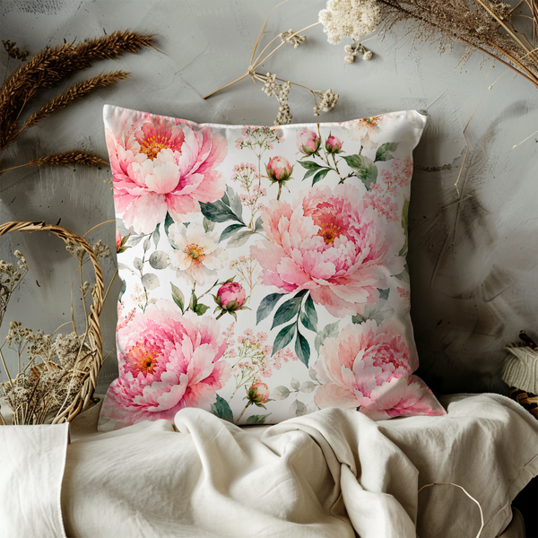 Pink Peony Pillow Cover – Watercolor Floral Art | Gold Crackle Decor