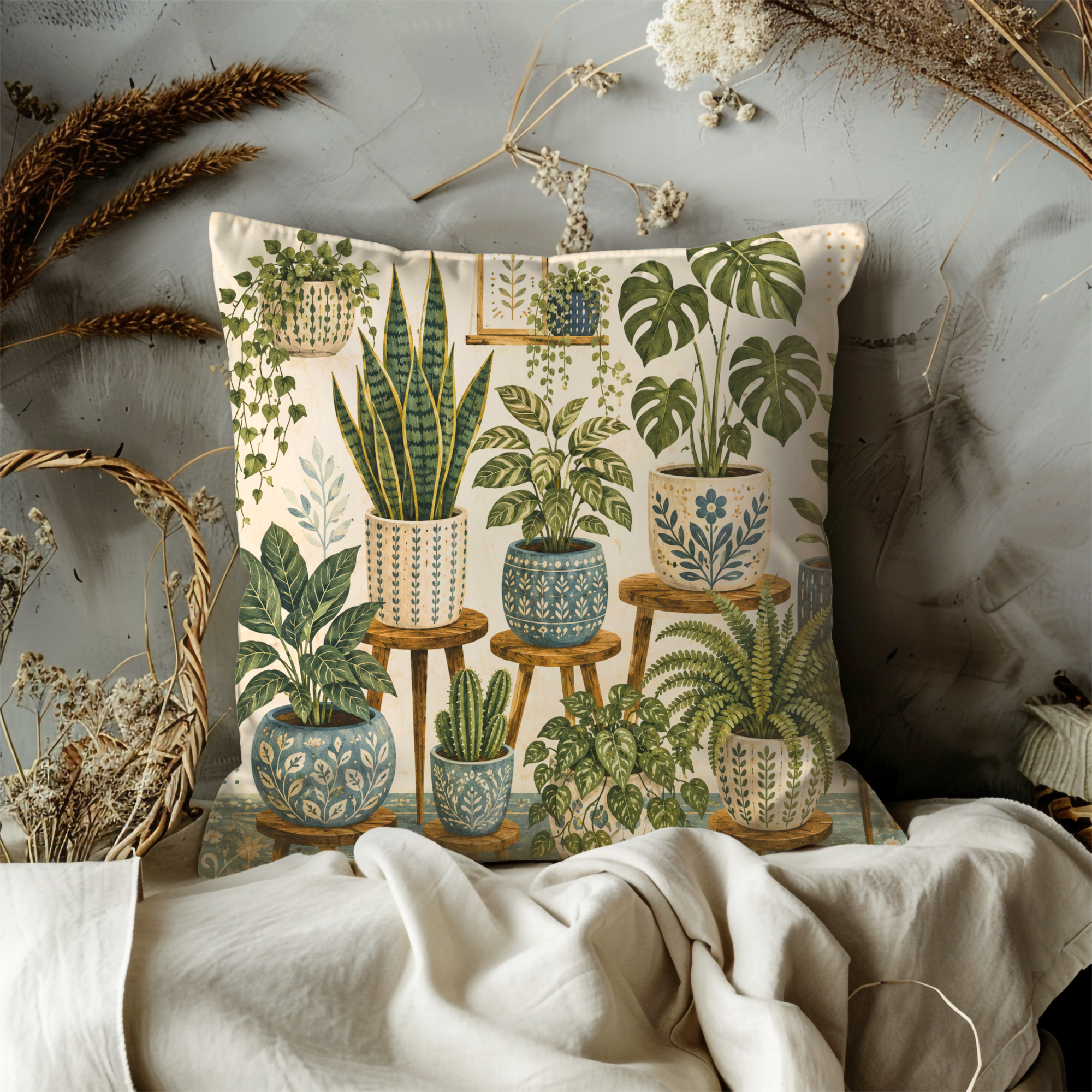 Houseplant Collection Pillow Cover | Botanical Indoor Art | Gold Crackle Decor