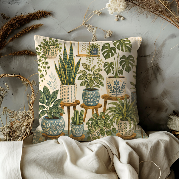 Houseplant Collection Pillow Cover – Botanical Indoor Art | Gold Crackle Decor