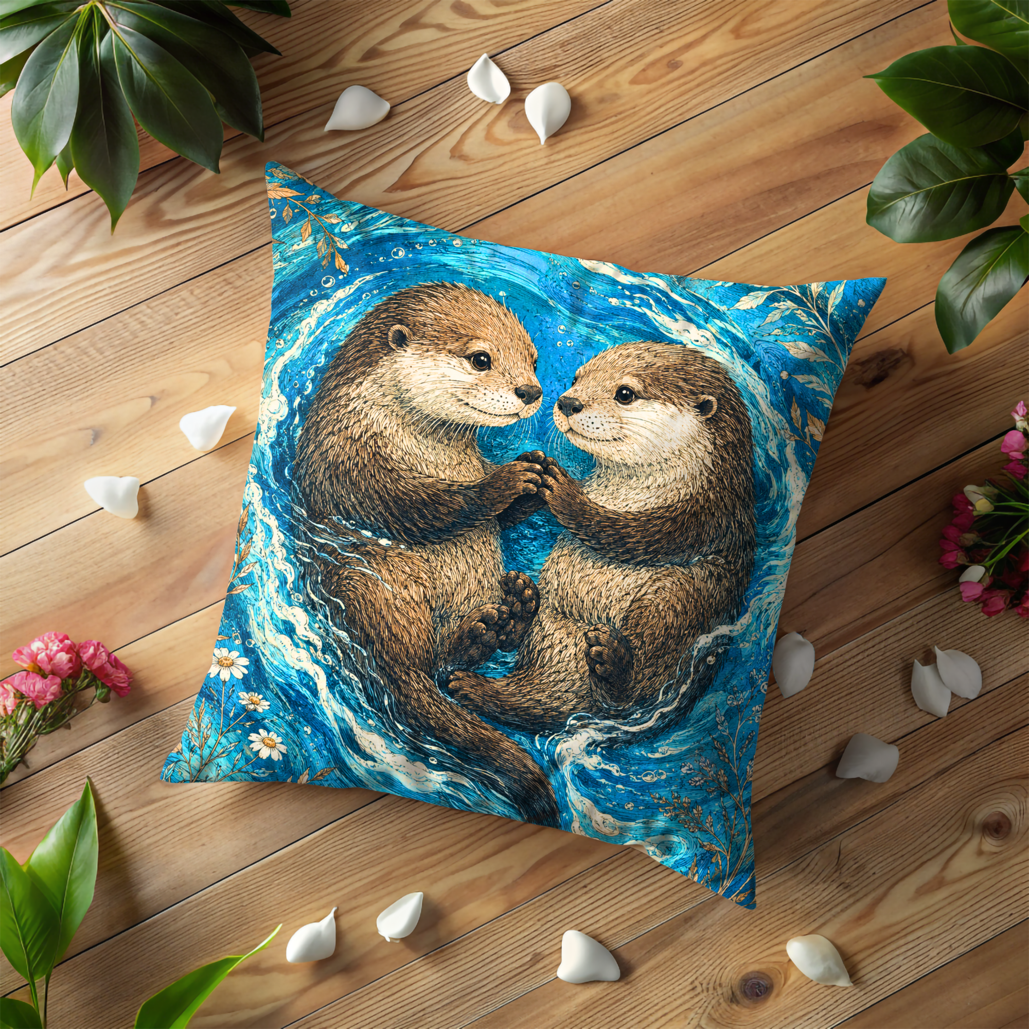 Otter Couple Pillow Cover | Cute Wildlife Art | Gold Crackle Decor