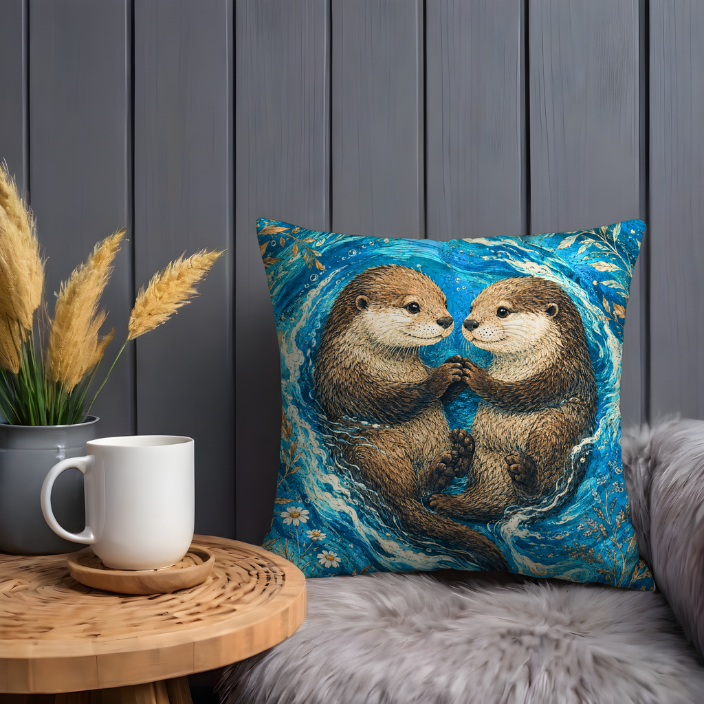 Otter Couple Pillow Cover | Cute Wildlife Art | Gold Crackle Decor