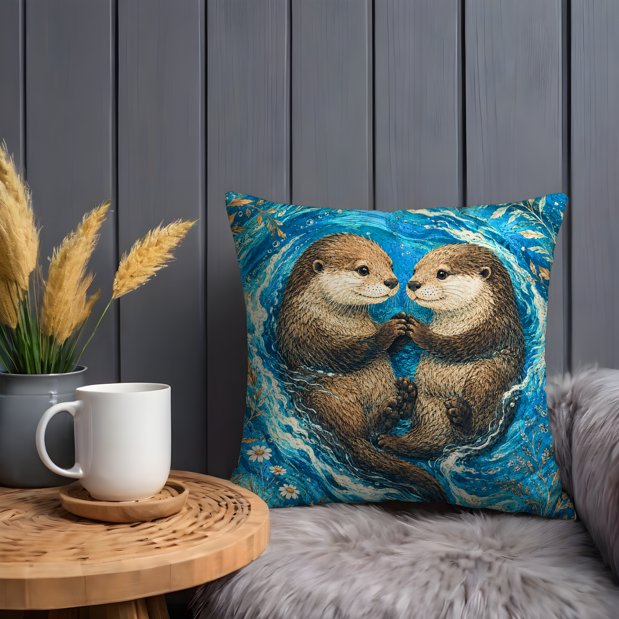 Otter Couple Pillow Cover | Cute Wildlife Art | Gold Crackle Decor
