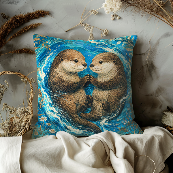 Otter Couple Pillow Cover – Cute Wildlife Art | Gold Crackle Decor