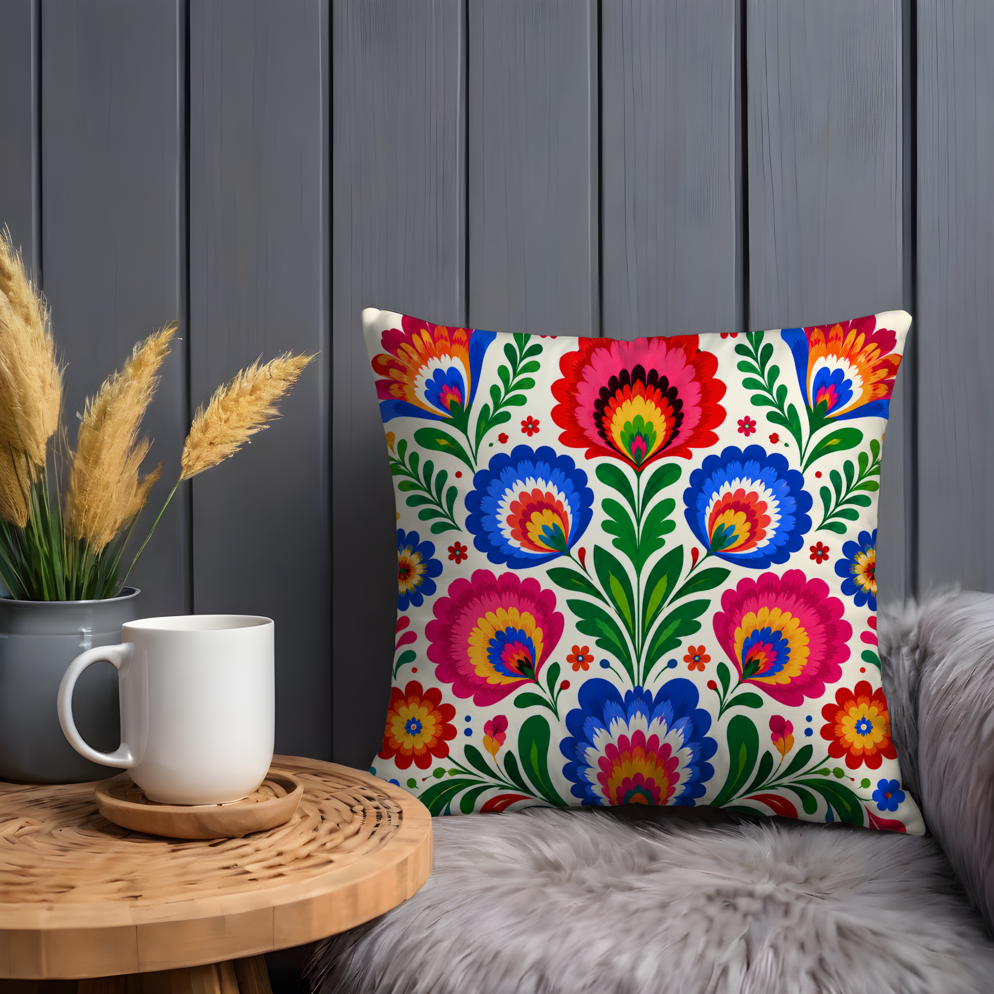 Folk Art Floral Pillow Cover | Vibrant Pattern Art | Gold Crackle Decor