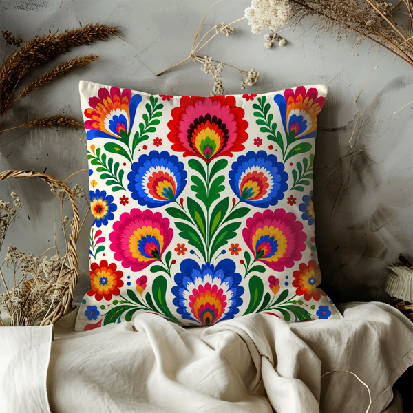 Folk Art Floral Pillow Cover – Vibrant Pattern Art | Gold Crackle Decor