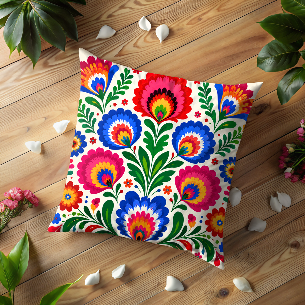 Folk Art Floral Pillow Cover | Vibrant Pattern Art | Gold Crackle Decor
