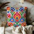 Folk Art Floral Pillow Cover | Vibrant Pattern Art | Gold Crackle Decor