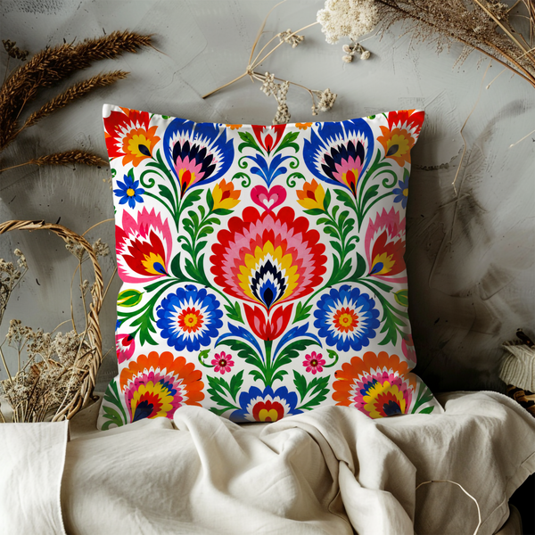Folk Art Floral Pillow Cover – Vibrant Pattern Art | Gold Crackle Decor