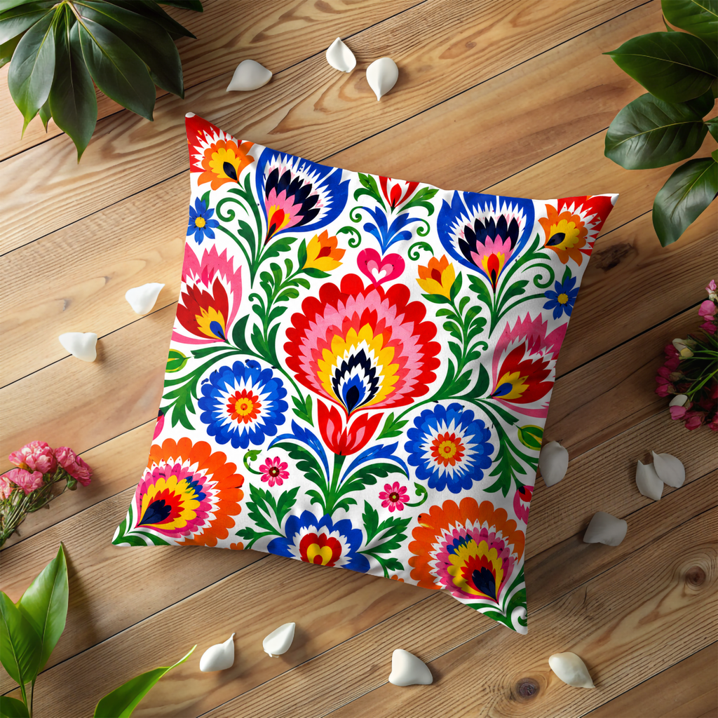 Folk Art Floral Pillow Cover | Vibrant Pattern Art | Gold Crackle Decor