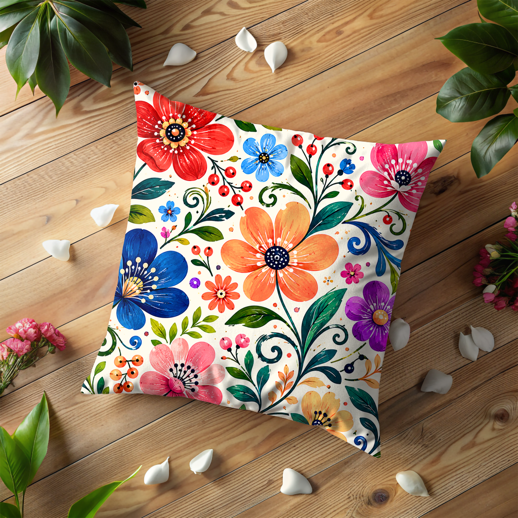 Folk Art Floral Pillow Cover | Vibrant Pattern Art | Gold Crackle Decor