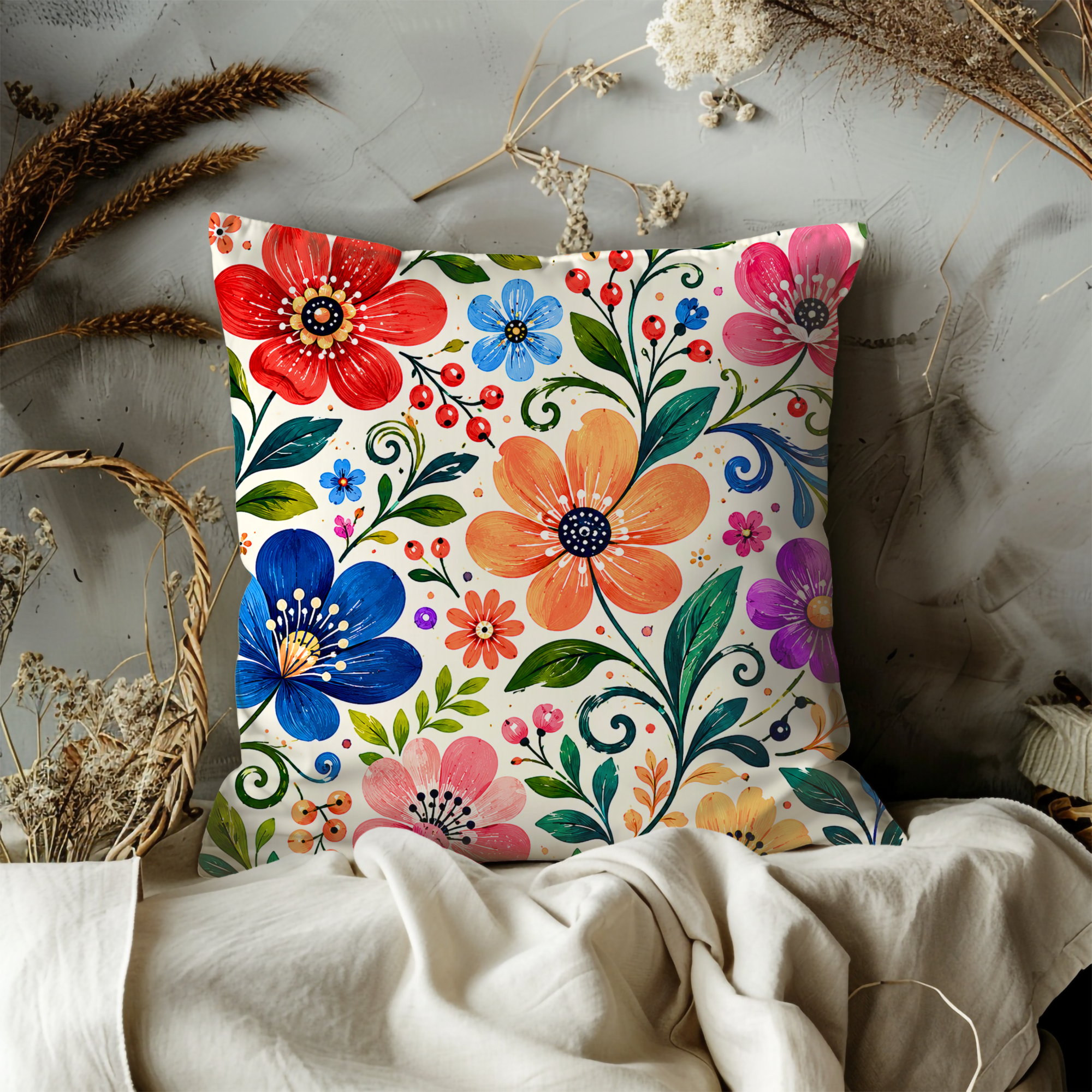 Folk Art Floral Pillow Cover | Vibrant Pattern Art | Gold Crackle Decor