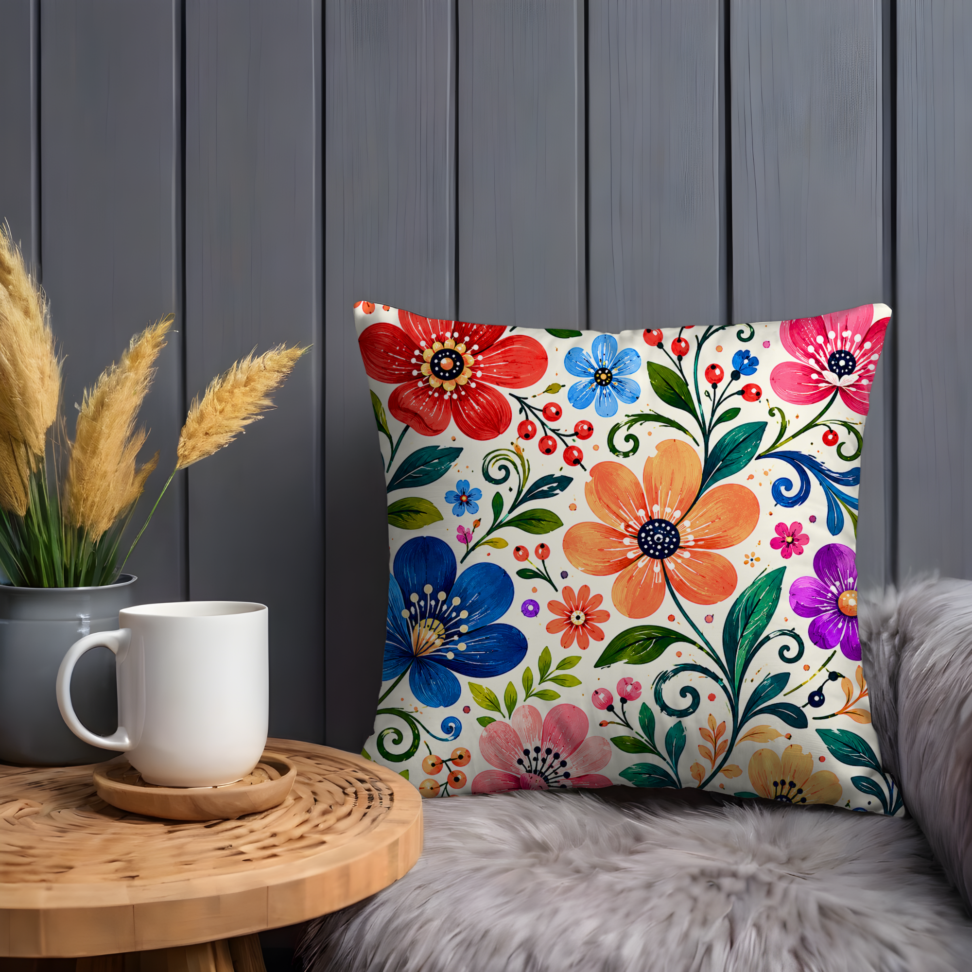 Folk Art Floral Pillow Cover | Vibrant Pattern Art | Gold Crackle Decor